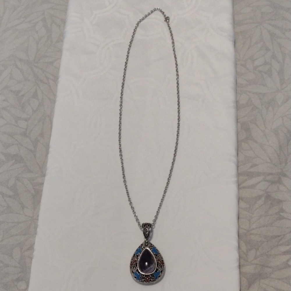 Sterling-Style Teardrop Pendant Necklace with Blue Accents